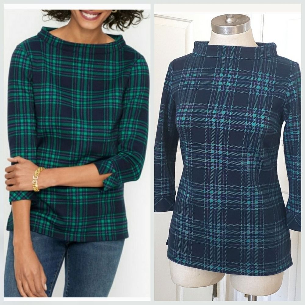 TALBOTS Funnel Neck Knit Top Blue Green Black Blackwatch Plaid - Picture 2 of 16